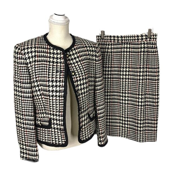 Vintage Dresses & Skirts - Vintage Coventry Row Black White Houndstooth Wool Blazer Pencil Skirt Set Medium